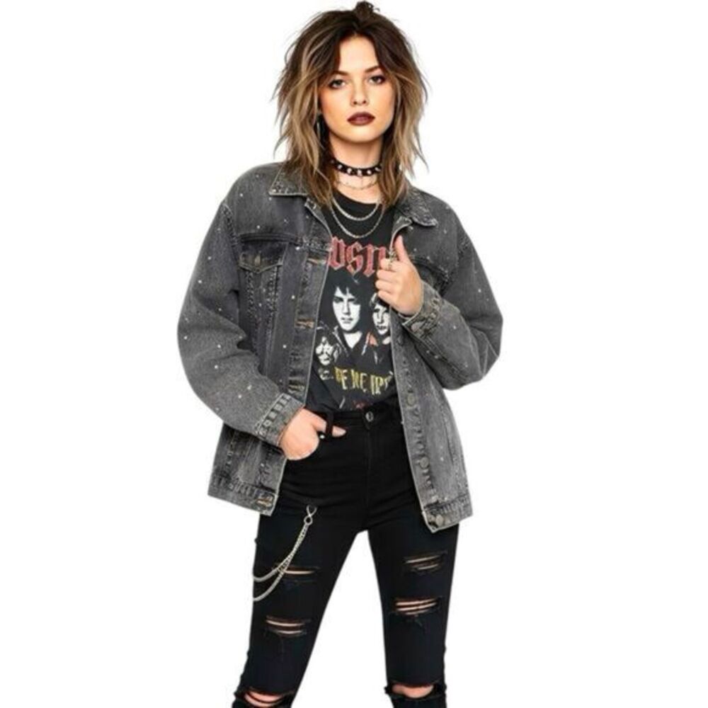 Boohoo Blue Womens Jacket Sz 8 Denim Distressed Rhinestone Sequin Studded Grunge